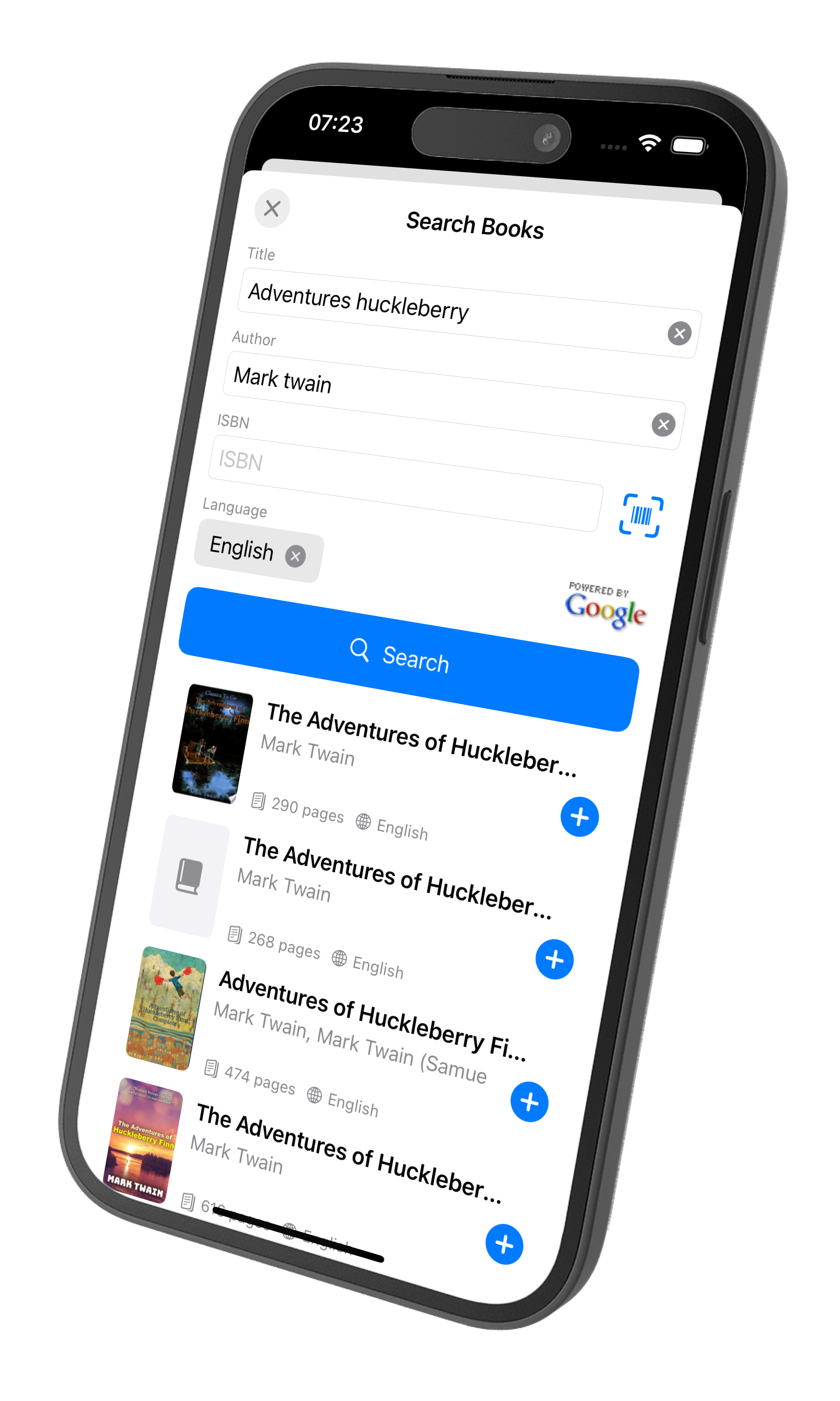 MiniLib search interface showing book search results